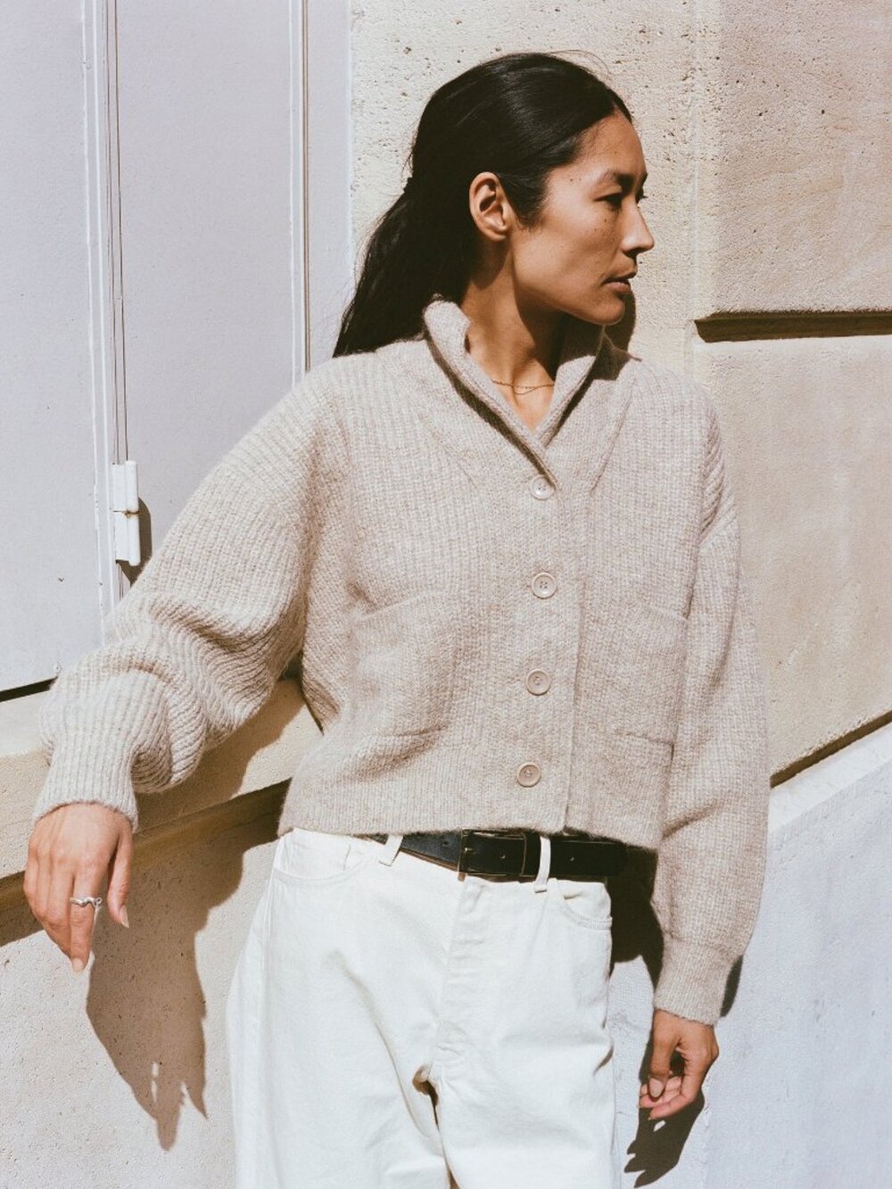 OZMA Sloan Brush Ivory Alpaca Blend Knit Cropped Shawl Cardigan Sweater, Size XS